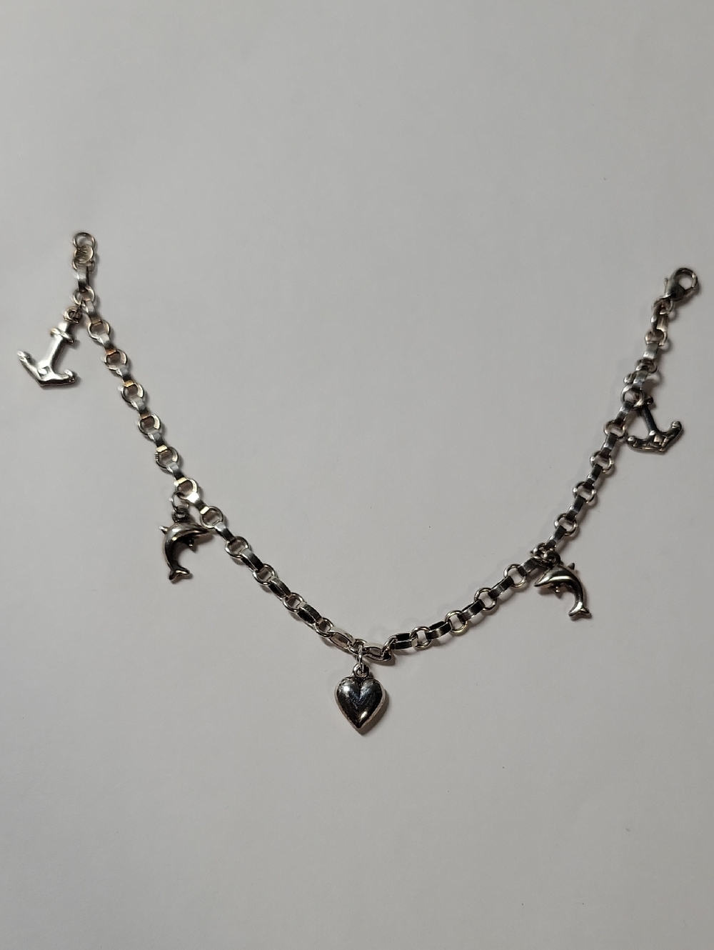 Silver Charm Bracelet with Heart and Dolphins